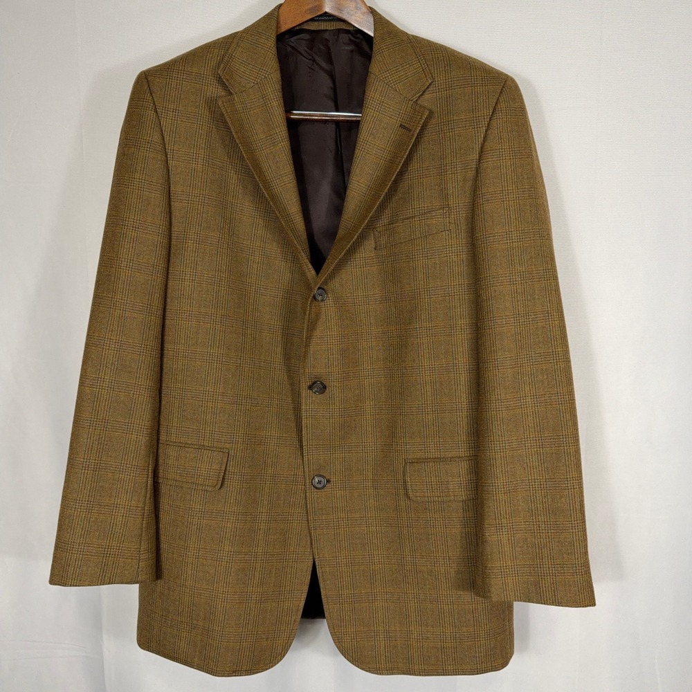 J. Press Sport Coat Brown Glen Plaid Wool Lanificio di Pray Blazer Men 46L